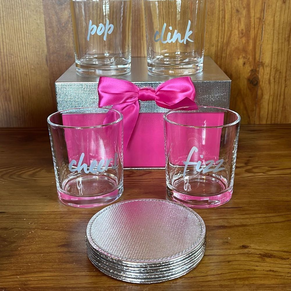 4‎ Low Ball Drinks Part 10oz set cheers pop fizz clink with silver coasters